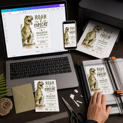 Watercolor Dinosaur 4th Birthday Invitation: T Rex Roar Explore Party — digital invitation, instant download