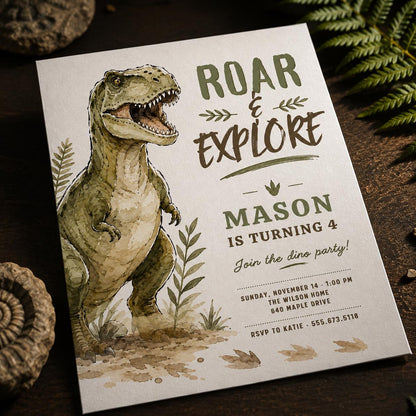 Watercolor Dinosaur 4th Birthday Invitation: T Rex Roar Explore Party — 4th birthday party stationery by VoltBy