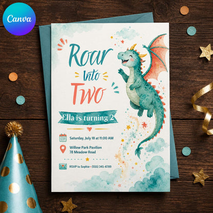 Watercolor Dragon 2nd Birthday Invitation — editable Canva template