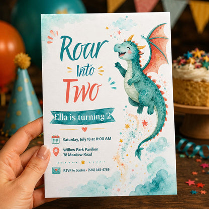 Watercolor Dragon 2nd Birthday Invitation — print-ready 2nd birthday party design from VoltBy
