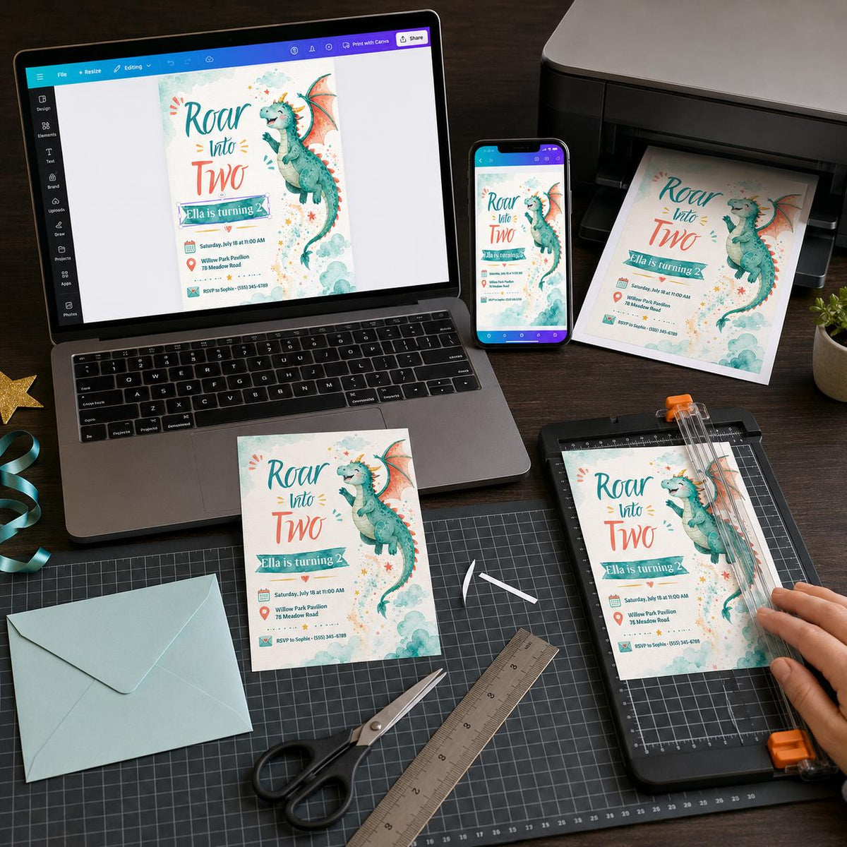 Watercolor Dragon 2nd Birthday Invitation — digital invitation, instant download