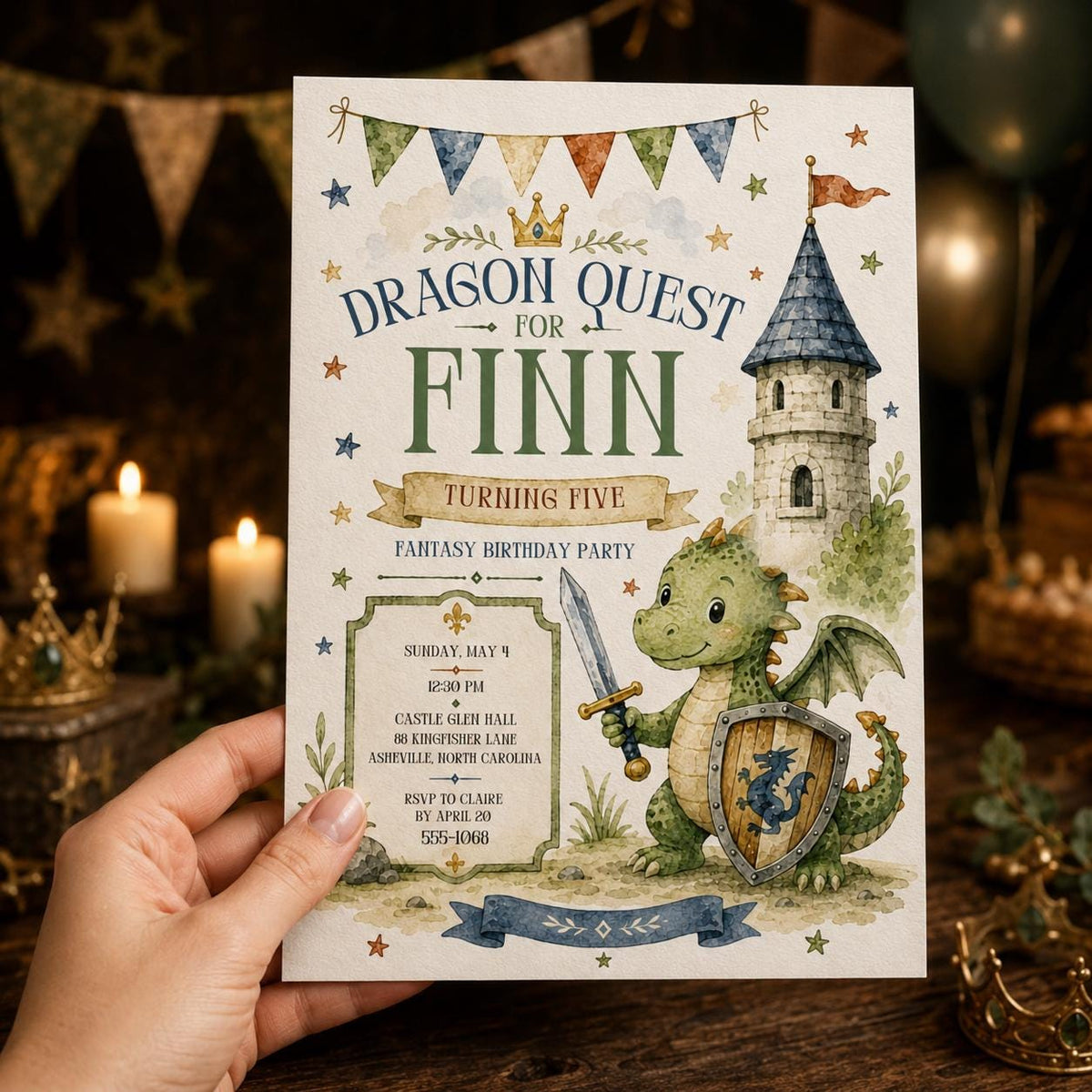 Watercolor Dragon 5th Birthday Invitation for Boys — invitation you personalize in Canva