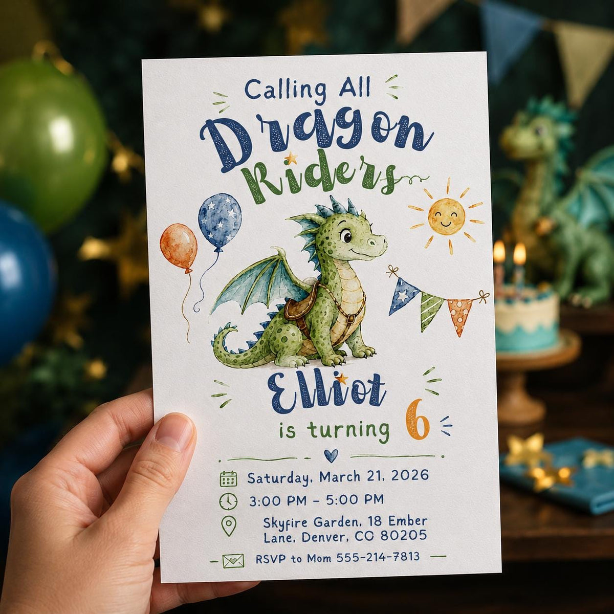 Watercolor Dragon 6th Birthday Invitation for Boys — print-ready 6th birthday party design from VoltBy