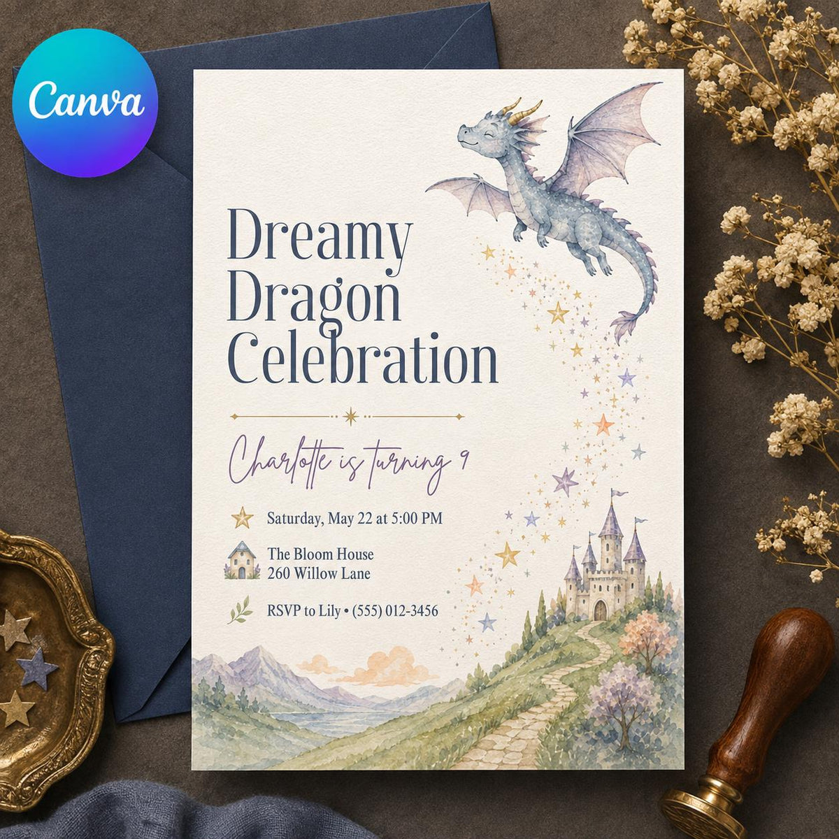 Watercolor Dragon 9th Birthday Invitation — editable Canva template