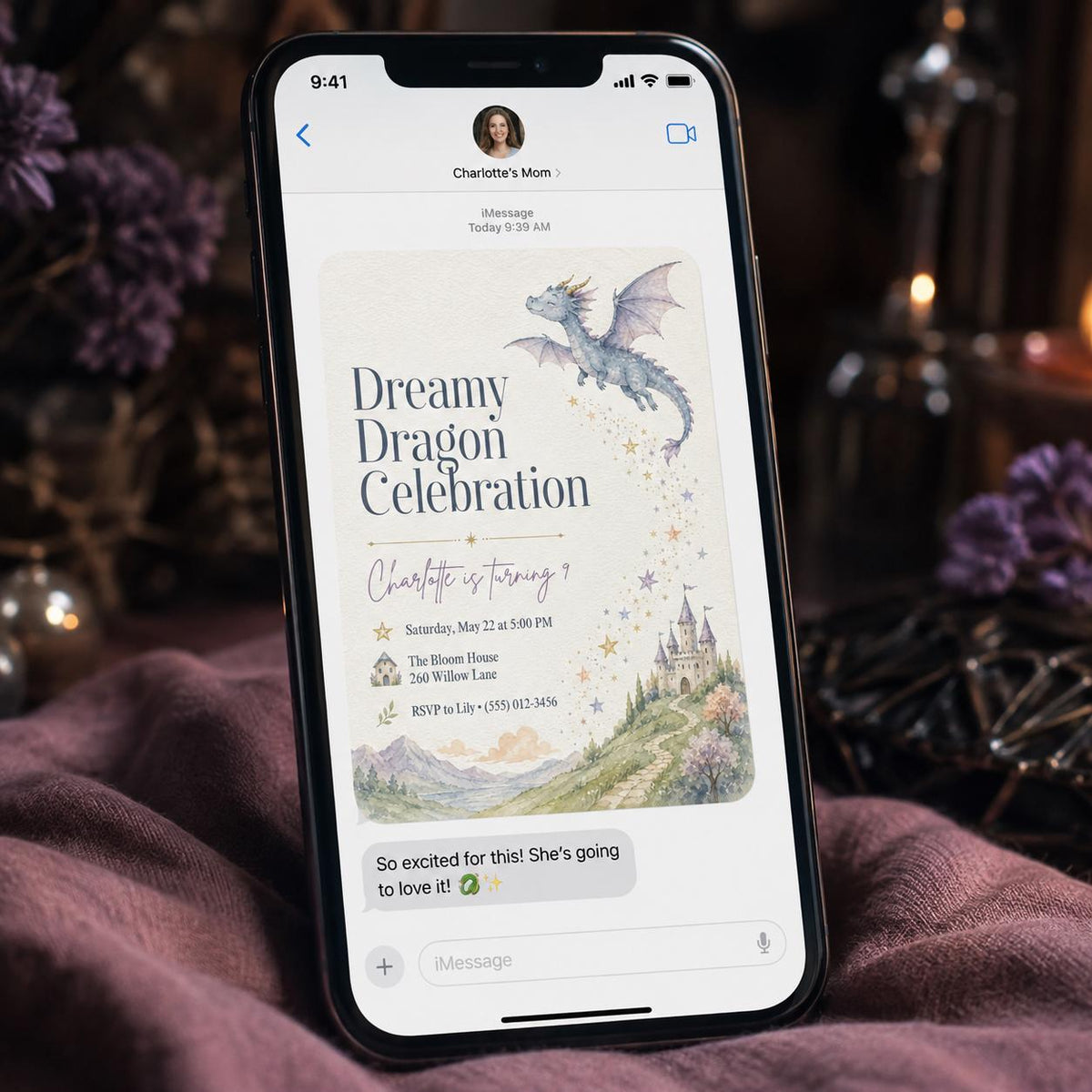 Watercolor Dragon 9th Birthday Invitation — castle design
