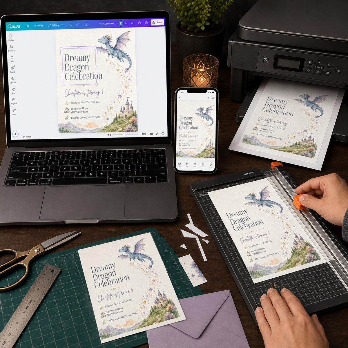Watercolor Dragon 9th Birthday Invitation — print-ready 9th birthday party design from VoltBy
