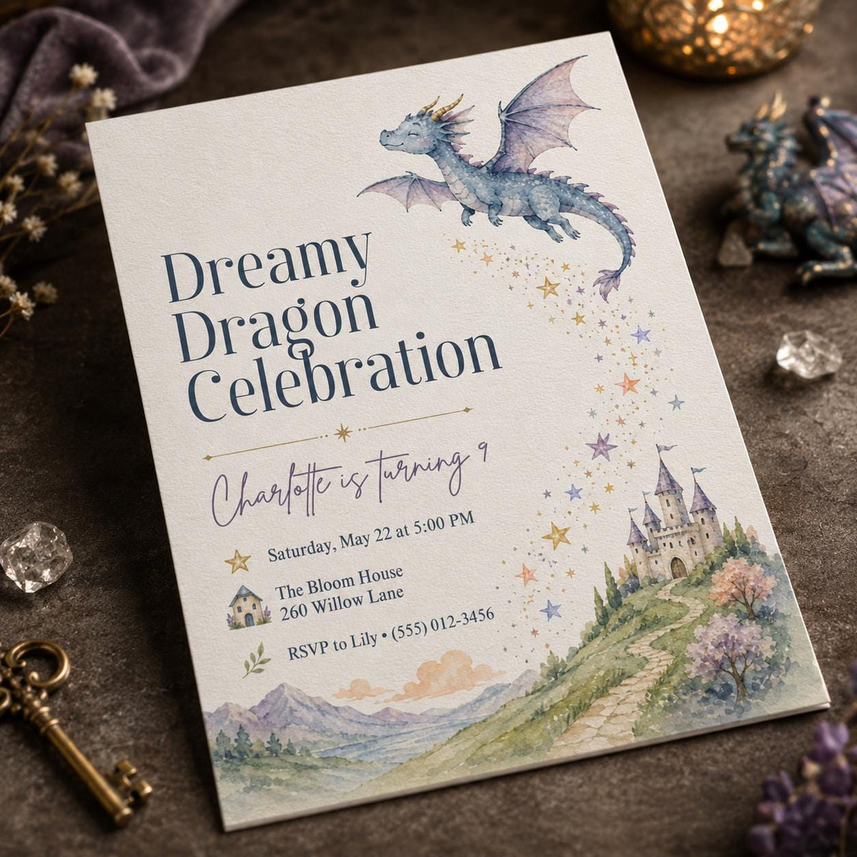 Watercolor Dragon 9th Birthday Invitation — digital invitation, instant download