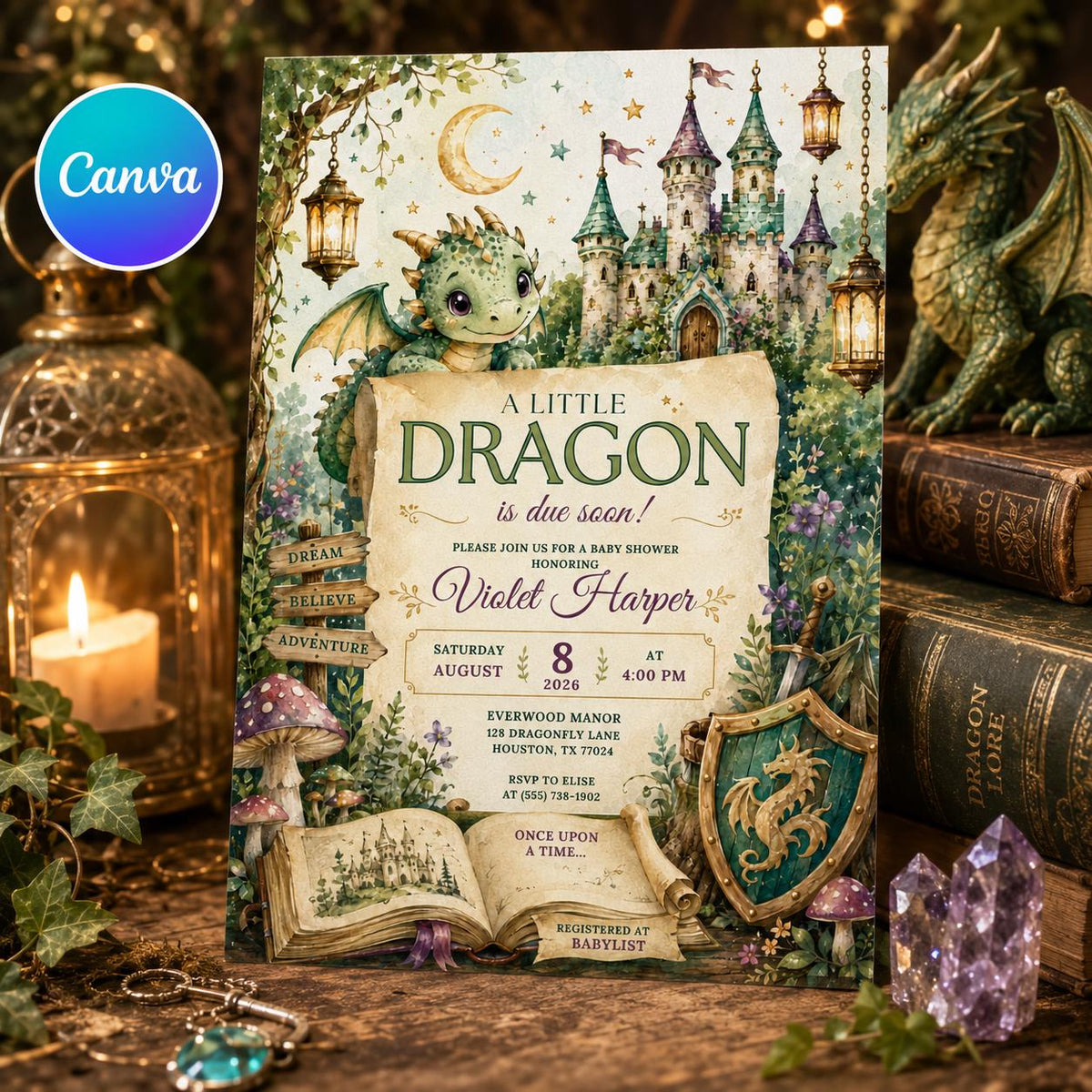 Watercolor Dragon Baby Shower Invitation — editable Canva template