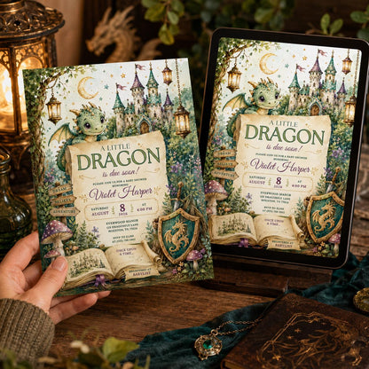 Watercolor Dragon Baby Shower Invitation — castle design