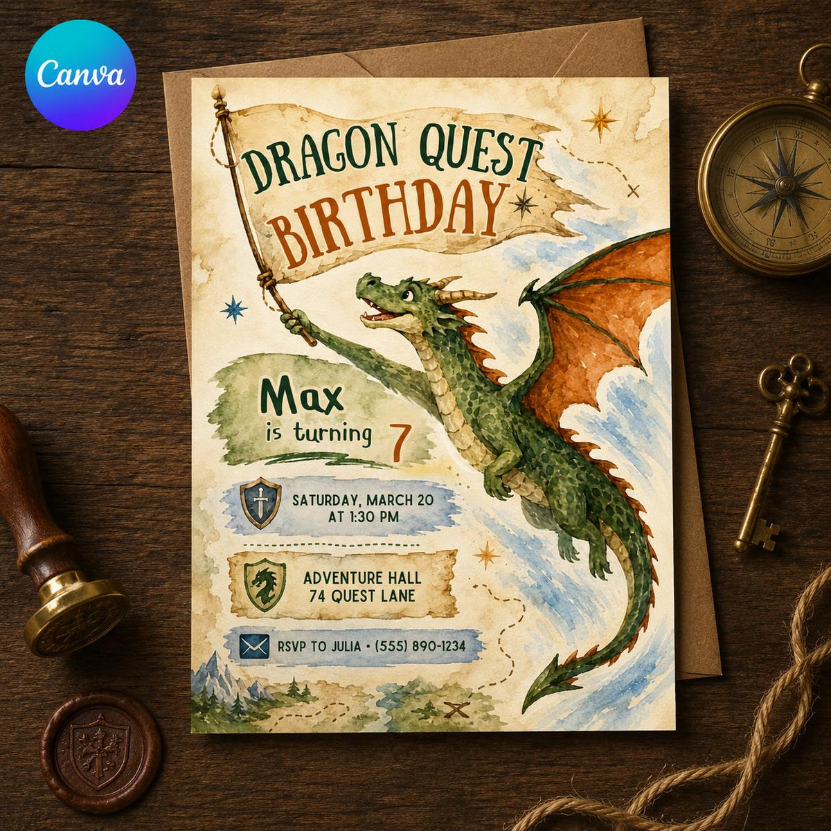 Watercolor Dragon Birthday Invitation — editable Canva template