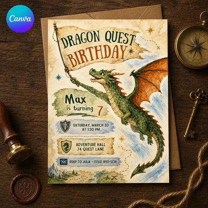 Watercolor Dragon Birthday Invitation — editable Canva template