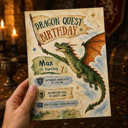 Watercolor Dragon Birthday Invitation — print-ready birthday party design from VoltBy