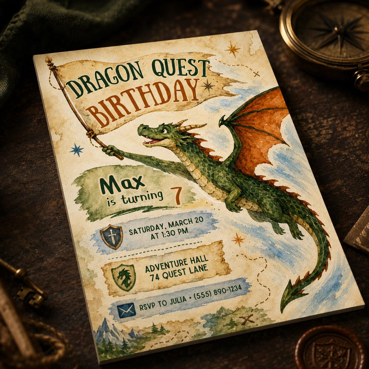Watercolor Dragon Birthday Invitation — birthday party stationery by VoltBy
