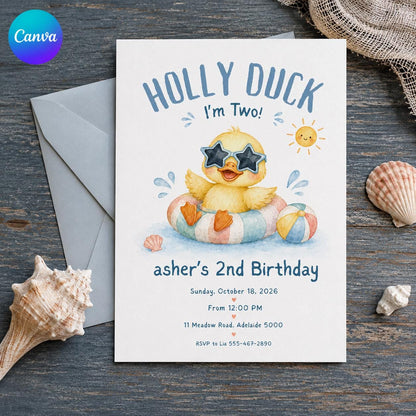 Watercolor Duck 2nd Birthday Invitation — editable Canva template