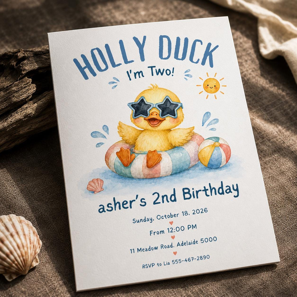 Watercolor Duck 2nd Birthday Invitation — pool design
