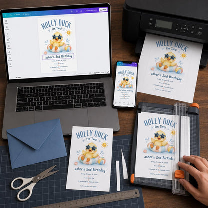 Watercolor Duck 2nd Birthday Invitation — invitation you personalize in Canva