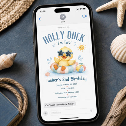 Watercolor Duck 2nd Birthday Invitation — print-ready 2nd birthday party design from VoltBy