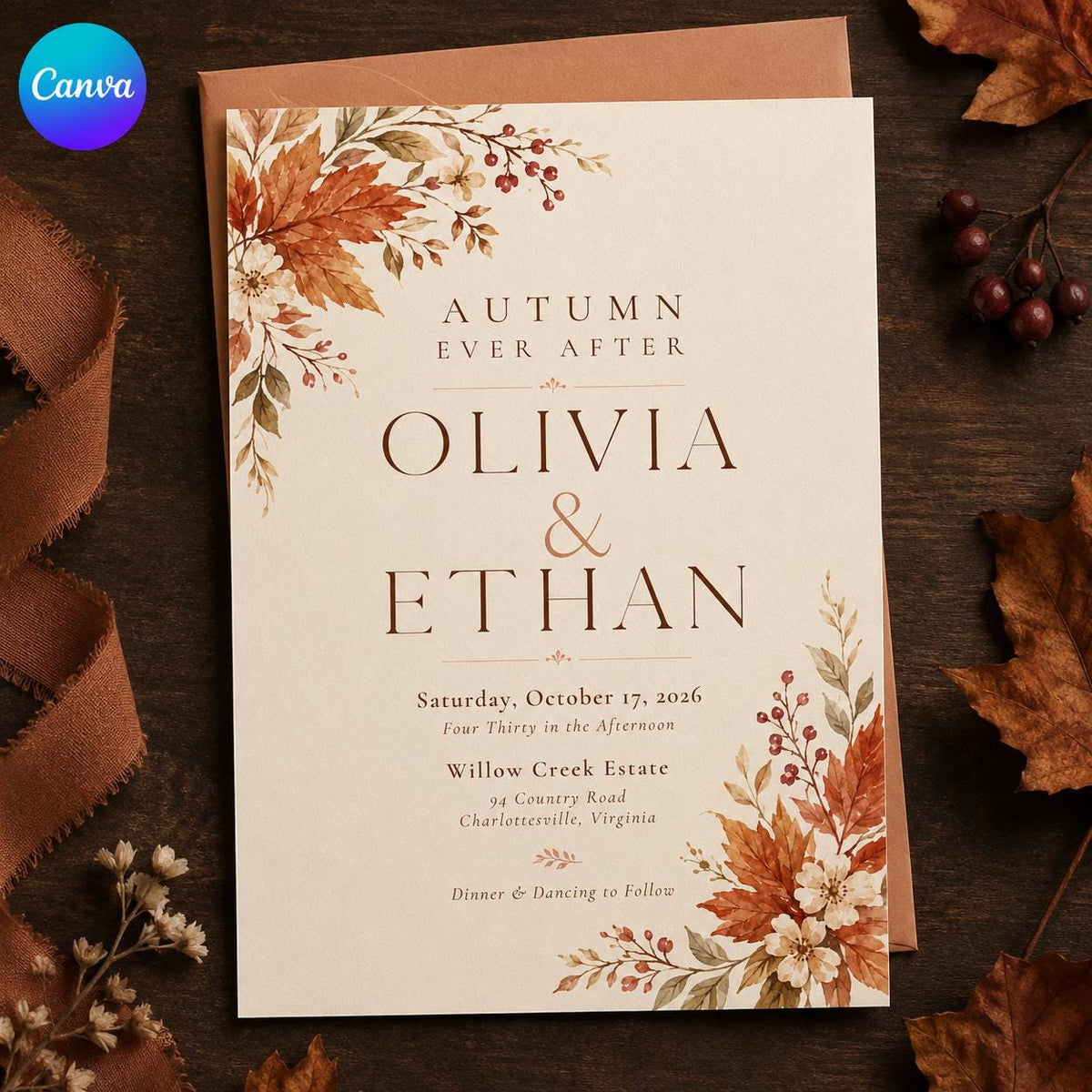 Watercolor Elegant Fall Wedding Invitation — editable Canva template