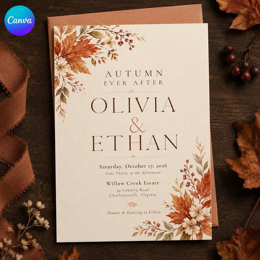 Watercolor Elegant Fall Wedding Invitation — editable Canva template