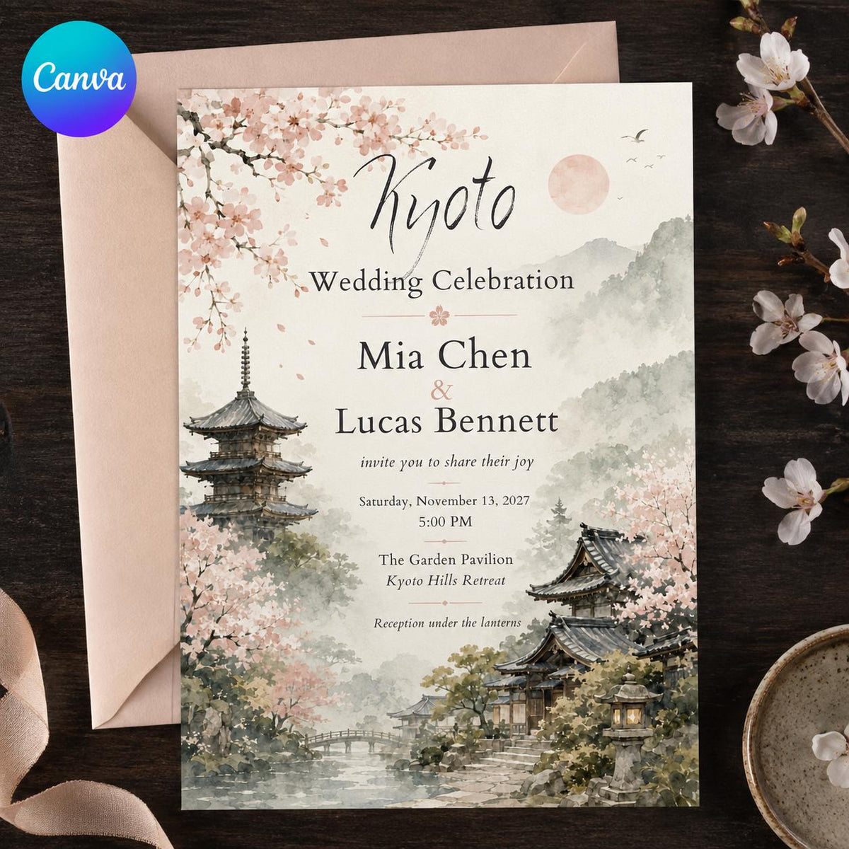Watercolor Elegant Japanese Wedding Invitation — editable Canva template
