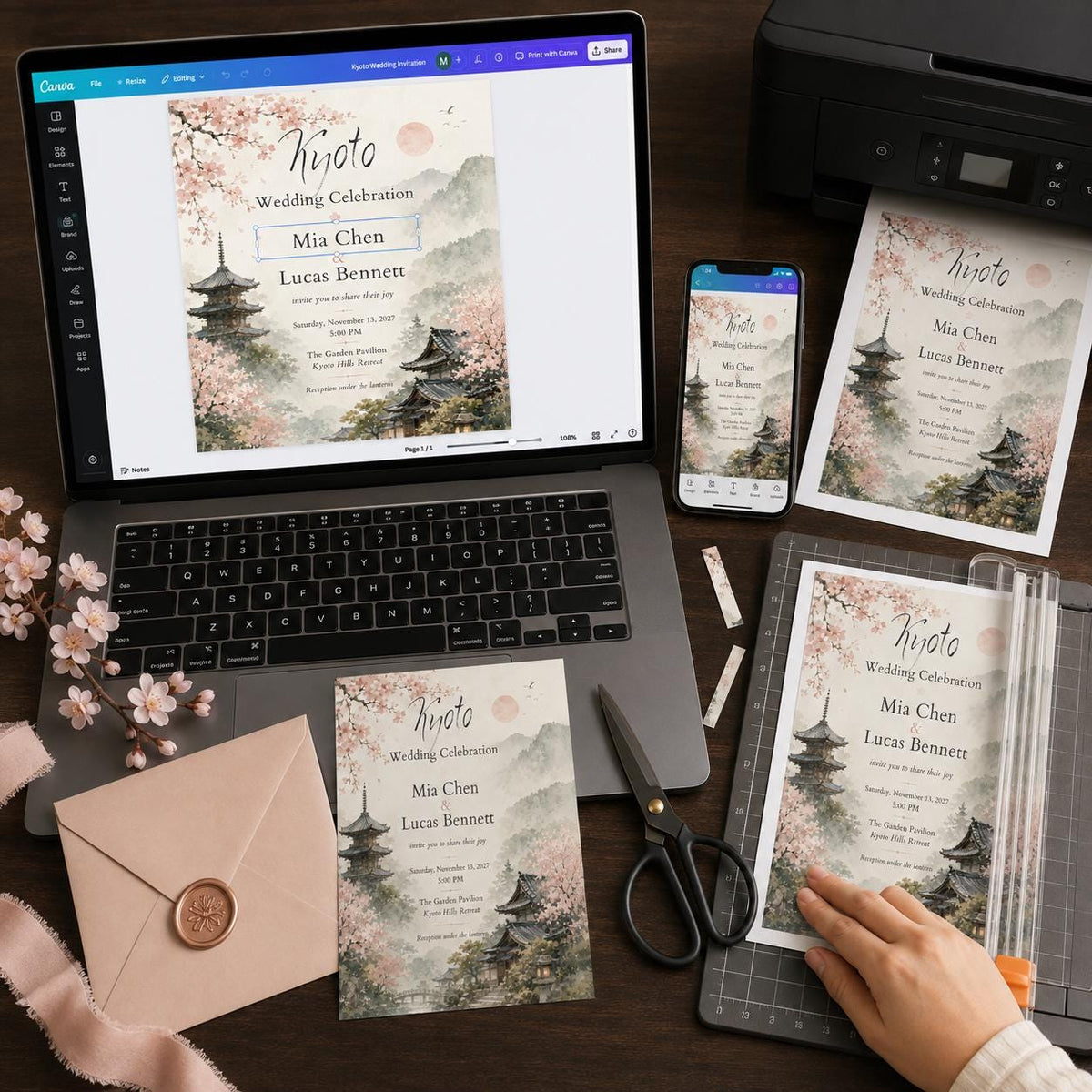 Watercolor Elegant Japanese Wedding Invitation — cherry blossom and garden design