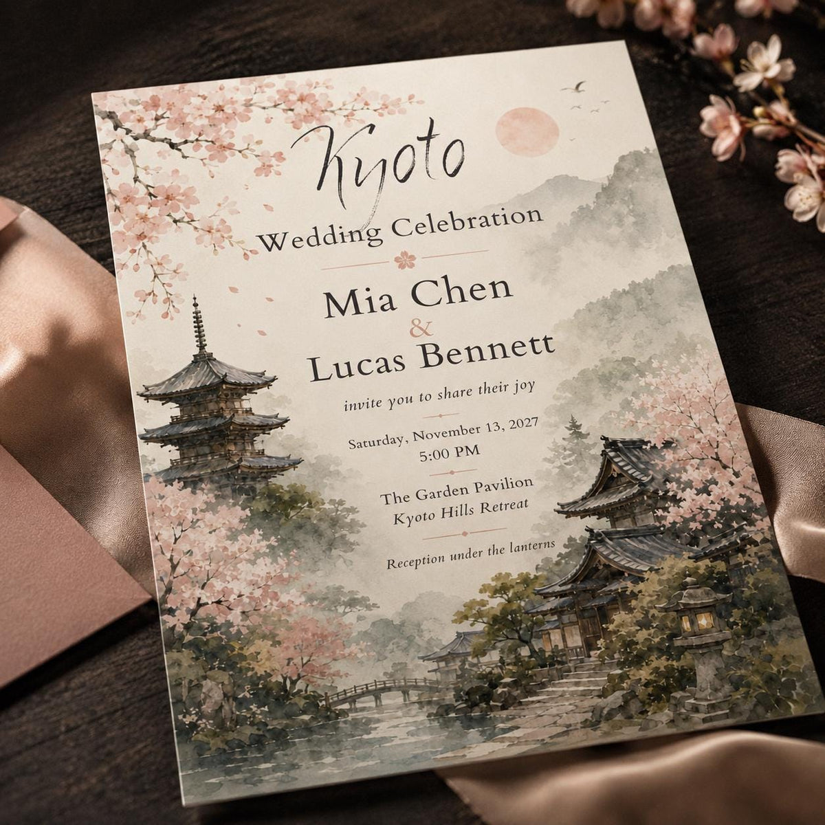 Watercolor Elegant Japanese Wedding Invitation — invitation you personalize in Canva