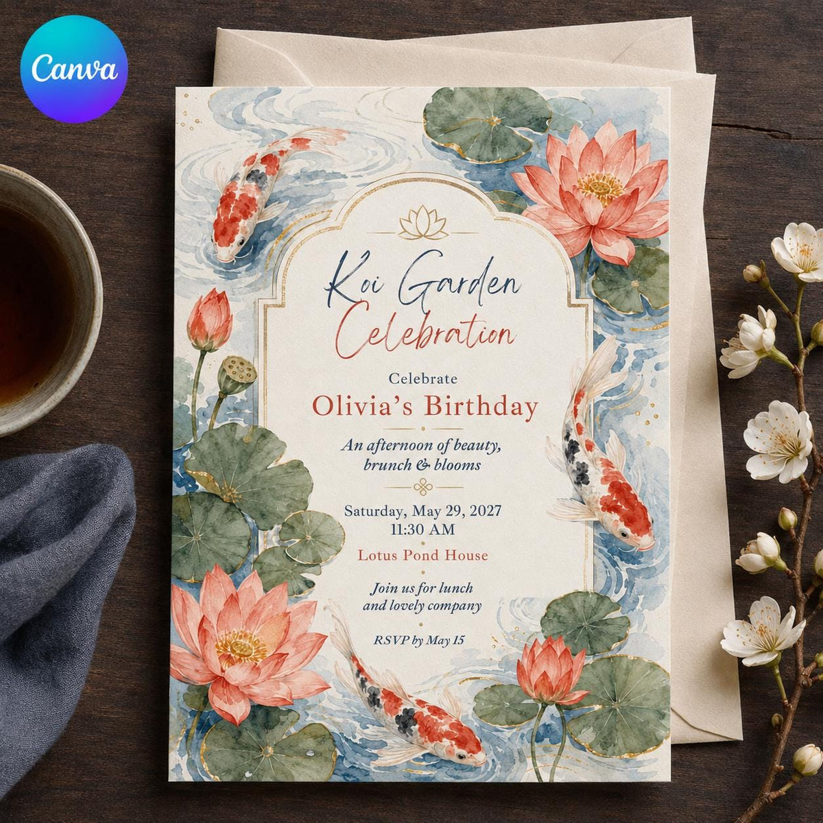 Watercolor Elegant Koi Fish Birthday Invitation — editable Canva template