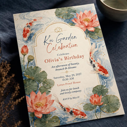 Watercolor Elegant Koi Fish Birthday Invitation — invitation you personalize in Canva