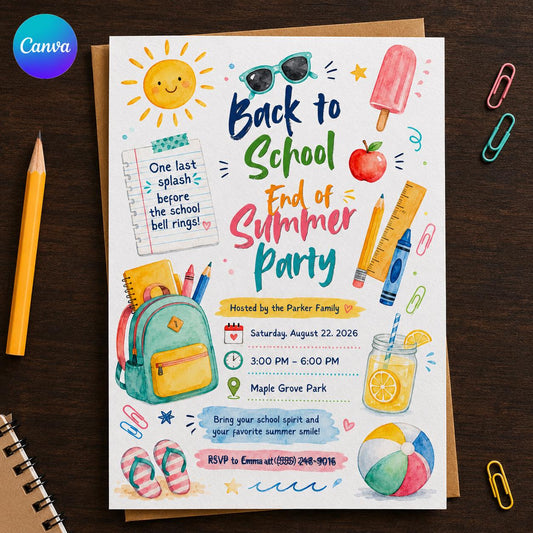 Watercolor End of Summer Back to School Party Invitation — editable Canva template