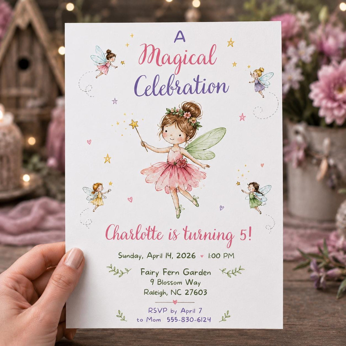 Watercolor Fairy 5th Birthday Invitation for Girls — invitation you personalize in Canva