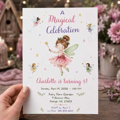Watercolor Fairy 5th Birthday Invitation for Girls — invitation you personalize in Canva