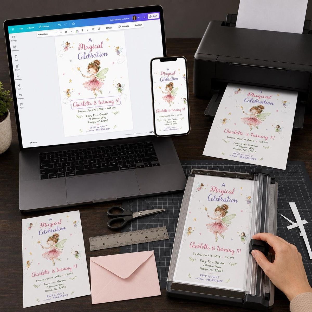 Watercolor Fairy 5th Birthday Invitation for Girls — print-ready 5th birthday party design from VoltBy