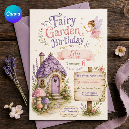 Watercolor Fairy Garden 6th Birthday Invitation for Girls — editable Canva template