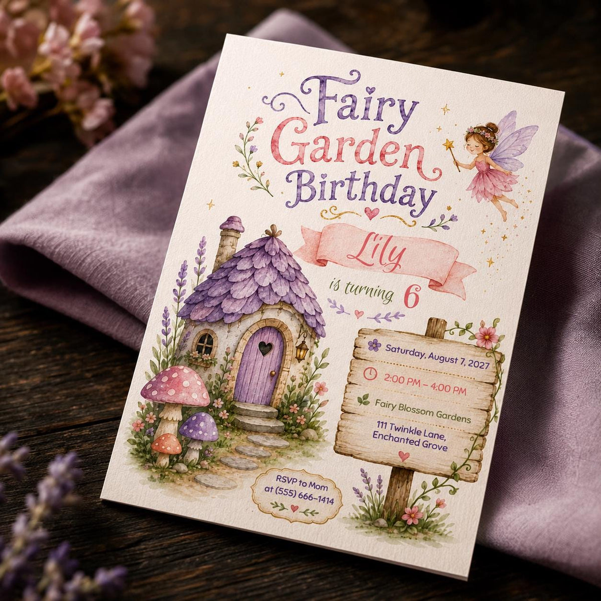 Watercolor Fairy Garden 6th Birthday Invitation for Girls — invitation you personalize in Canva