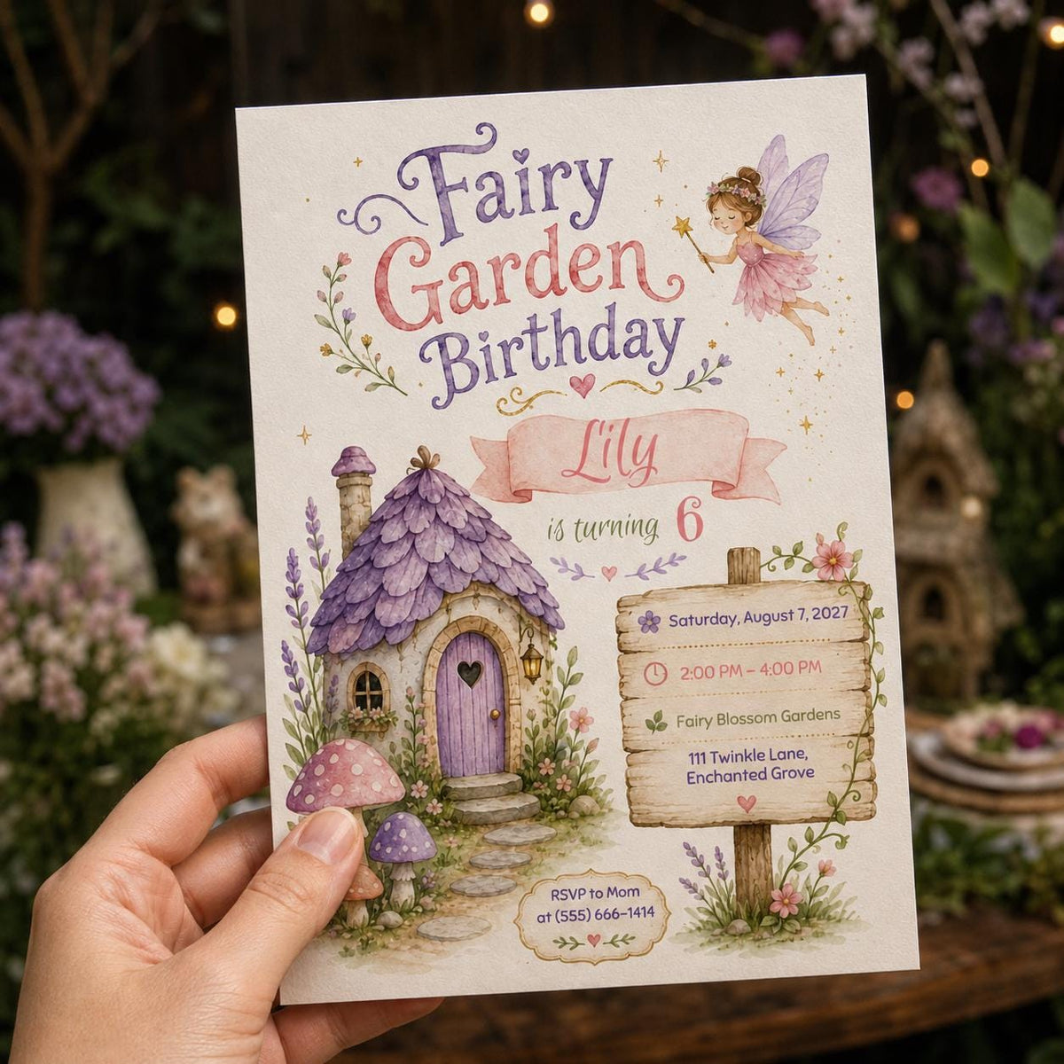Watercolor Fairy Garden 6th Birthday Invitation for Girls — digital invitation, instant download