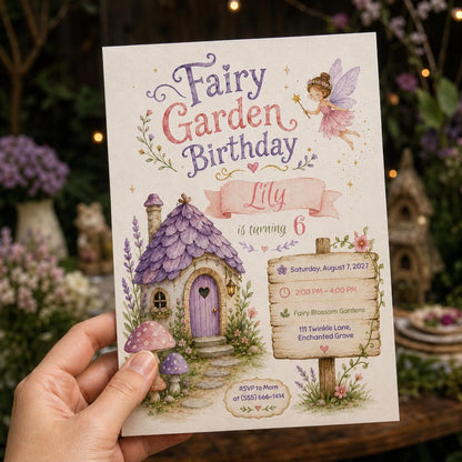 Watercolor Fairy Garden 6th Birthday Invitation for Girls — digital invitation, instant download