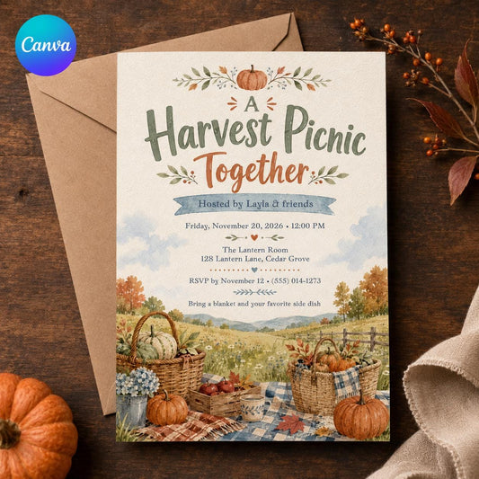 Watercolor Fall Picnic Invitation — editable Canva template