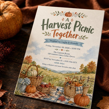 Watercolor Fall Picnic Invitation — invitation you personalize in Canva