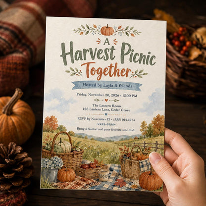 Watercolor Fall Picnic Invitation — print-ready harvest party design from VoltBy