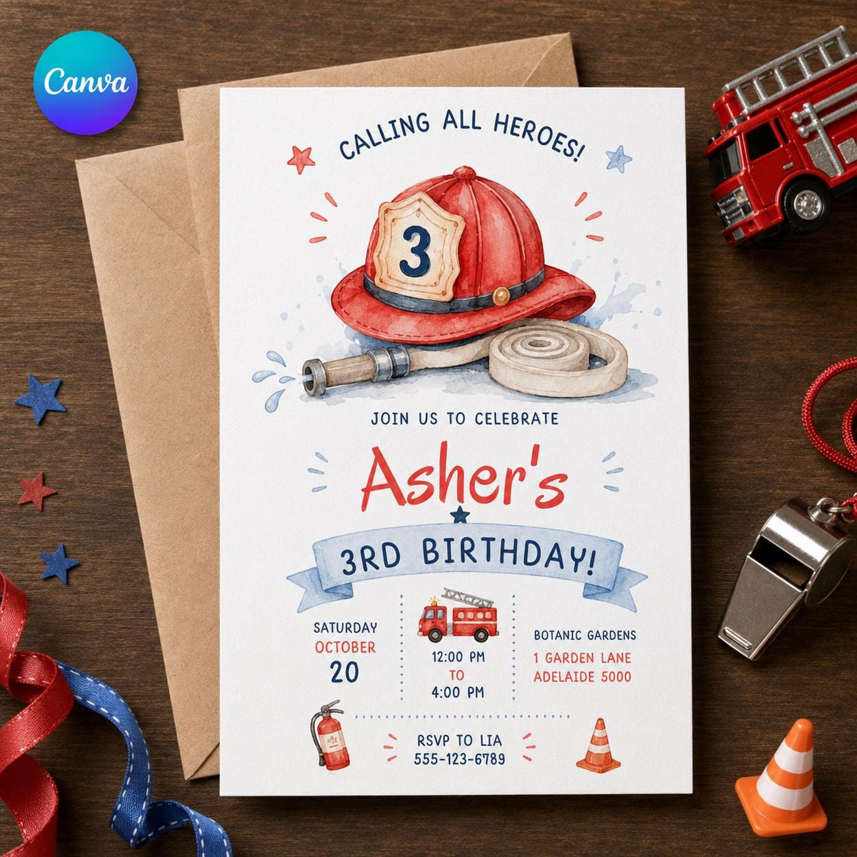 Watercolor Firefighter 3rd Birthday Invitation — editable Canva template