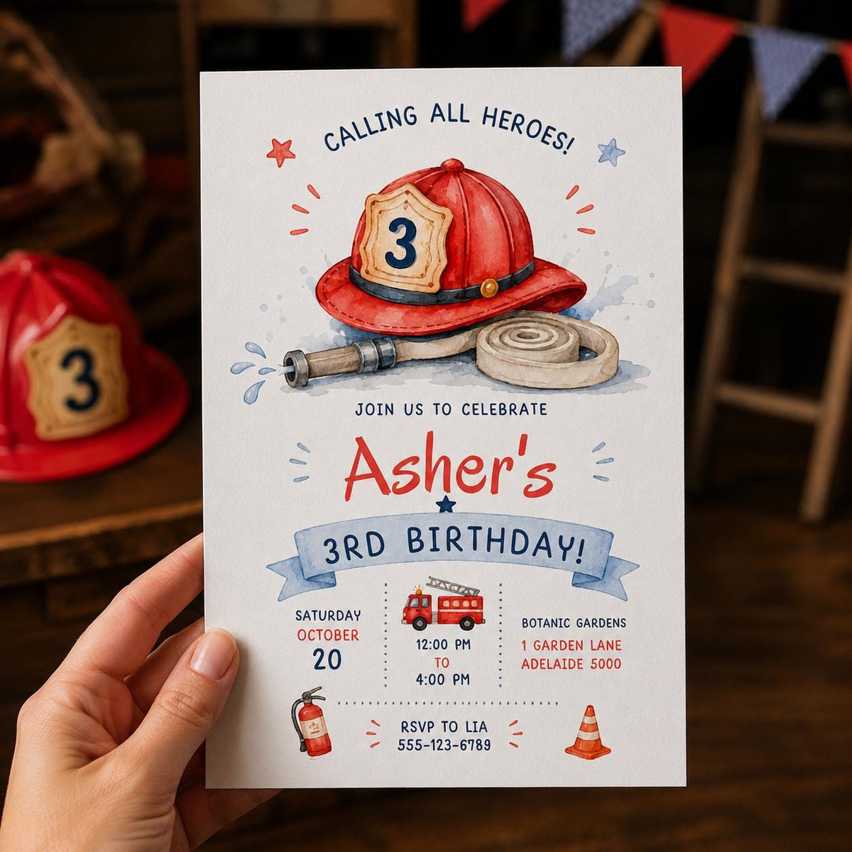 Watercolor Firefighter 3rd Birthday Invitation — invitation you personalize in Canva