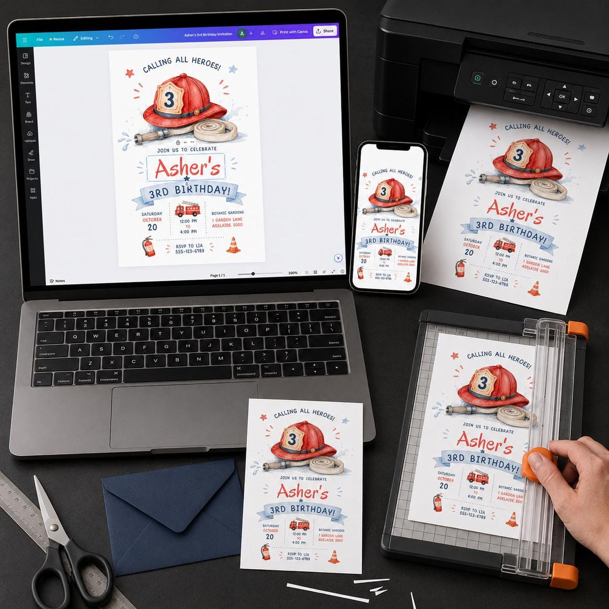 Watercolor Firefighter 3rd Birthday Invitation — print-ready 3rd birthday party design from VoltBy