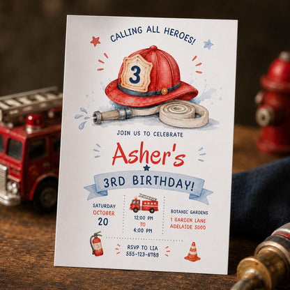 Watercolor Firefighter 3rd Birthday Invitation — digital invitation, instant download