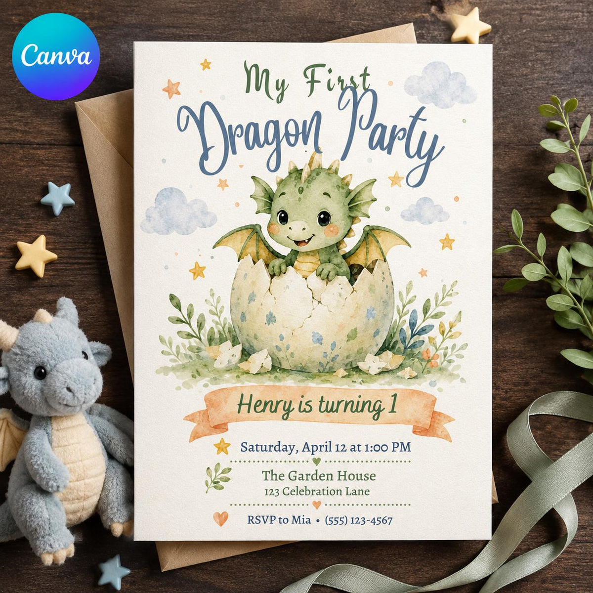 Watercolor First Birthday Dragon Invitation — editable Canva template