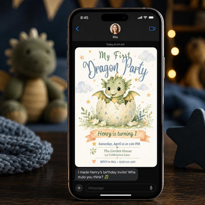 Watercolor First Birthday Dragon Invitation — invitation you personalize in Canva
