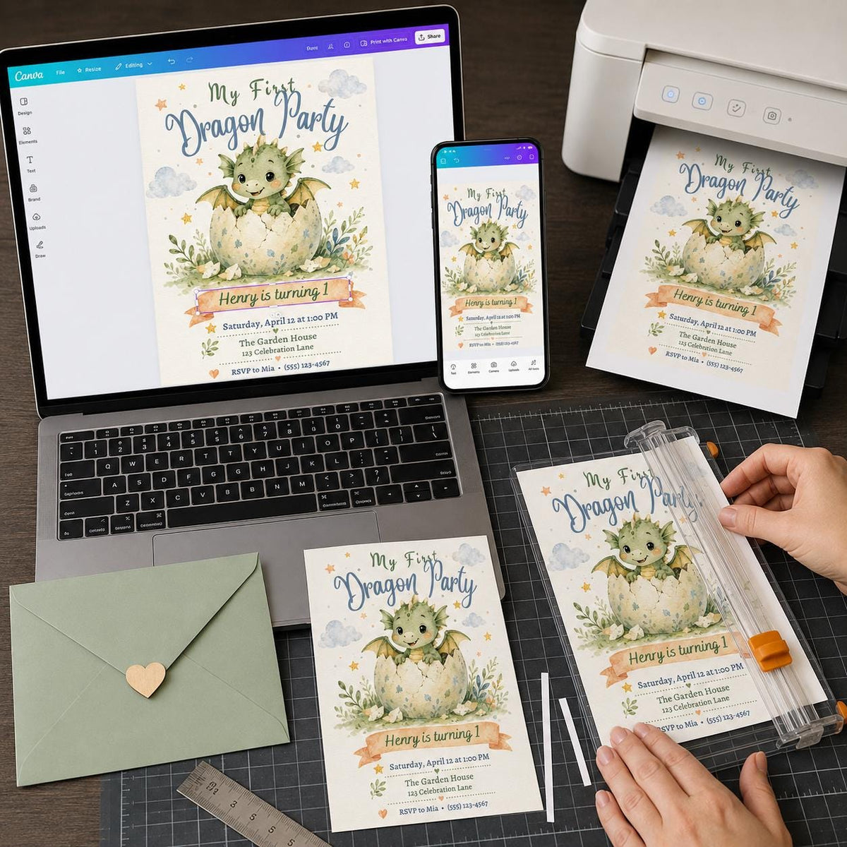 Watercolor First Birthday Dragon Invitation — digital invitation, instant download
