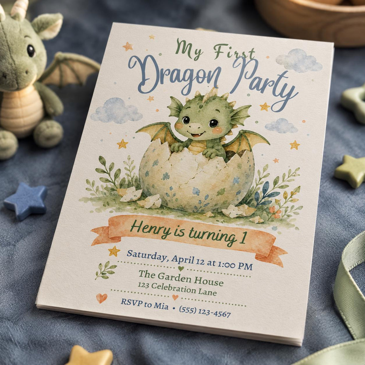 Watercolor First Birthday Dragon Invitation — first birthday stationery by VoltBy