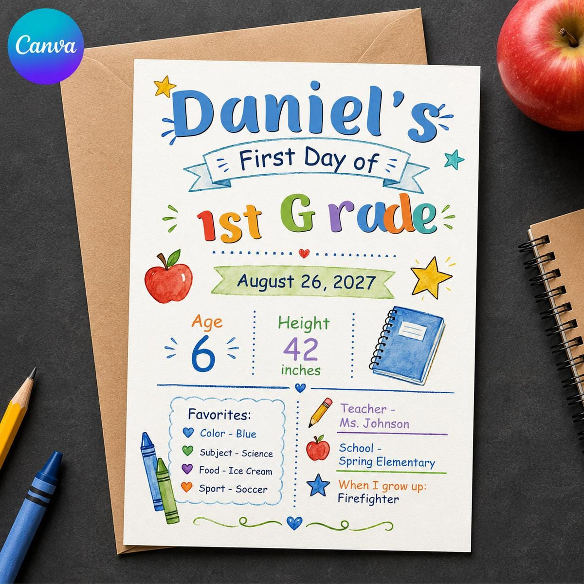 Watercolor First Day of First Grade Sign — editable Canva template