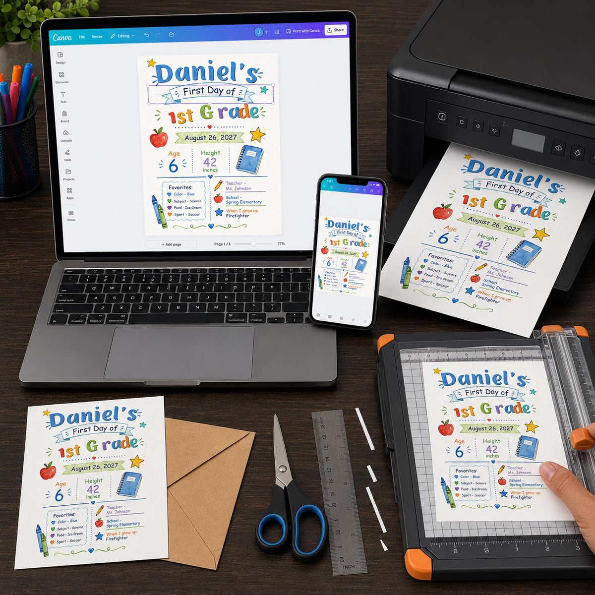 Watercolor First Day of First Grade Sign — print-ready back-to-school event design from VoltBy