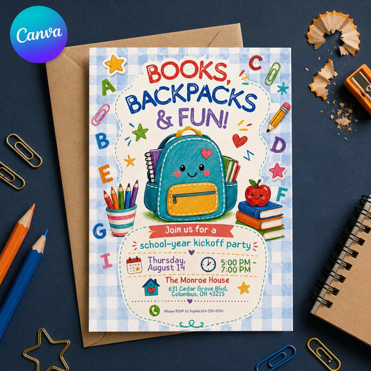 Watercolor First Day of School Invitation — editable Canva template